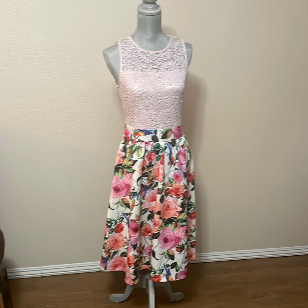New York & Company Red Pink Midi Dress A-line Cocktail
